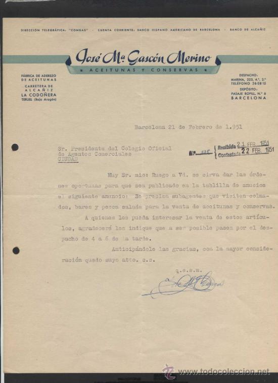 Lettres commerciales: Teruel. La Codo&ntilde;era. *Jos&eacute; M&ordf; Gasc&oacute;n Merino - Aceitunas y Conservas* Fechada 1951.