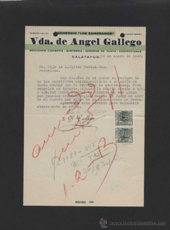 Gesch&auml;ftsbriefe: Zaragoza. Calatayud. *Vda. de Angel Gallego. Comercio Los Zamoranos* Fechada 1943.