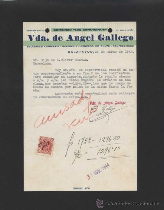 Cartas comerciales: Zaragoza. Calatayud. *Vda. de Angel Gallego. Comercio Los Zamoranos* Fechada 1944.
