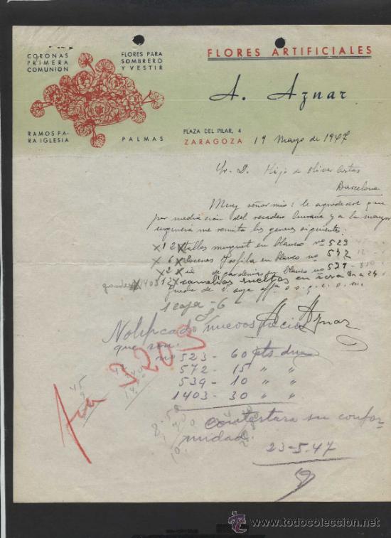 Cartas comerciales: Zaragoza. *A. Aznar - Flores Artificiales* Fechada 1947.