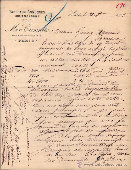Lettere commerciali: CARTA CORMECIAL DE MAX CREMNTZ, TABLEAUX - ANNONCES SUR T&Ocirc;LE VERNIE. PARIS 1895