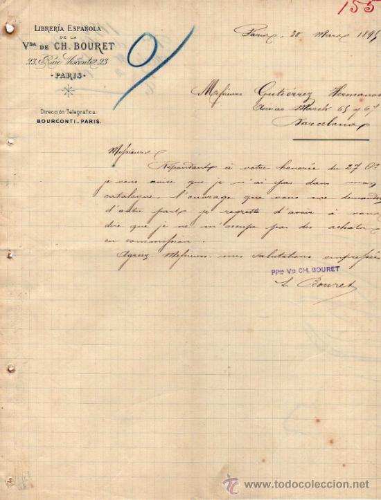 Lettere commerciali: CARTA CORMECIAL  VD&ordf; DE CH. BOURET, LIBRERIE ESPAGNOLE. PARIS 1895
