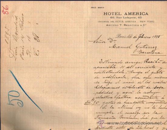 Lettere commerciali: CARTA CORMECIAL  HOTEL AMERICA.  ARTURO T. BERUTICH & C&ordm;.  PARIS 1895