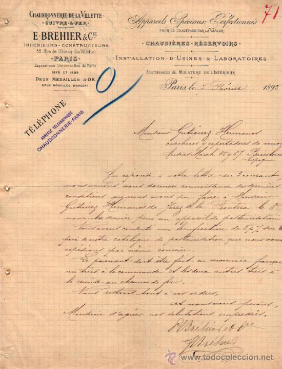 Lettere commerciali: CARTA CORMECIAL  DE E. BREHIER & CIE. ING&Eacute;NIEURS - CONSTRUCTEURS. PARIS 1895