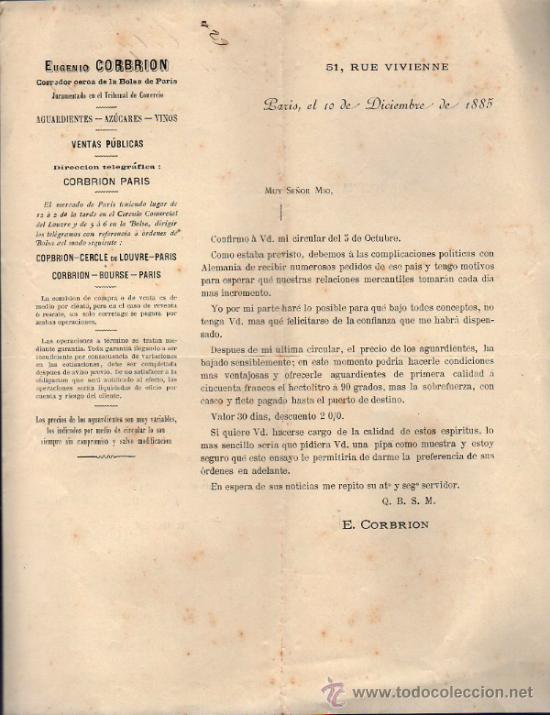Cartas comerciales: CARTA CORMECIAL DE EUGENIO CORBRION. VENTAS P&Uacute;BLICAS DEL AGUARDIENTES- AZ&Uacute;CARES- VINOS. PARIS 1885