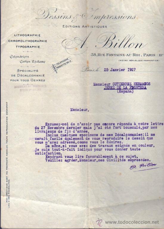 Cartas comerciales: CARTA CORMECIAL  A. BILLON. DESSINS & IMPRESSIONS.  PARIS 1927