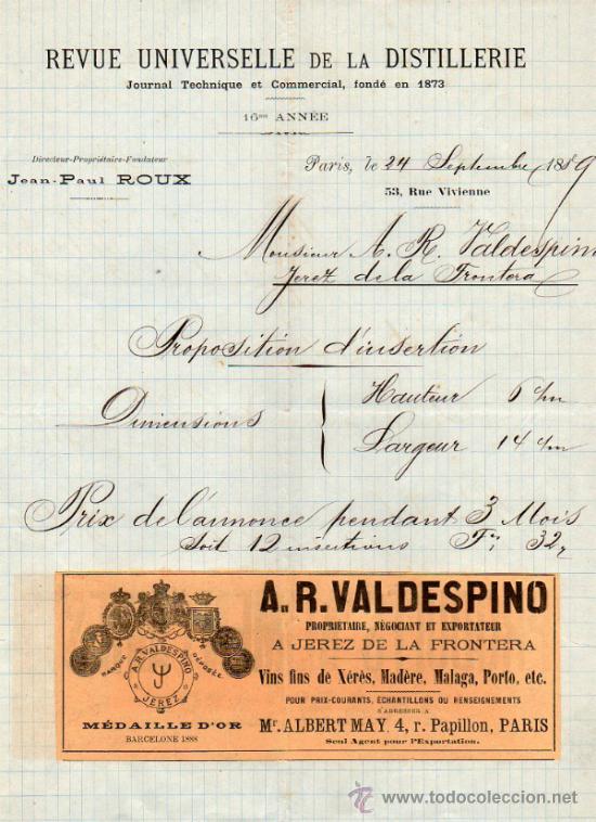 Cartas comerciales: CARTA CORMECIAL  REVUE UNIVERSELLE DE LA DISTILLERIE. PARIS 1889