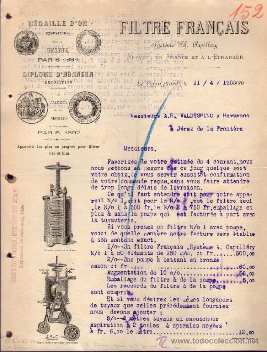 Cartas comerciales: CARTA CORMECIAL FILTRE FRAN&Ccedil;AIS - BRASSERIE.  PARIS 1900