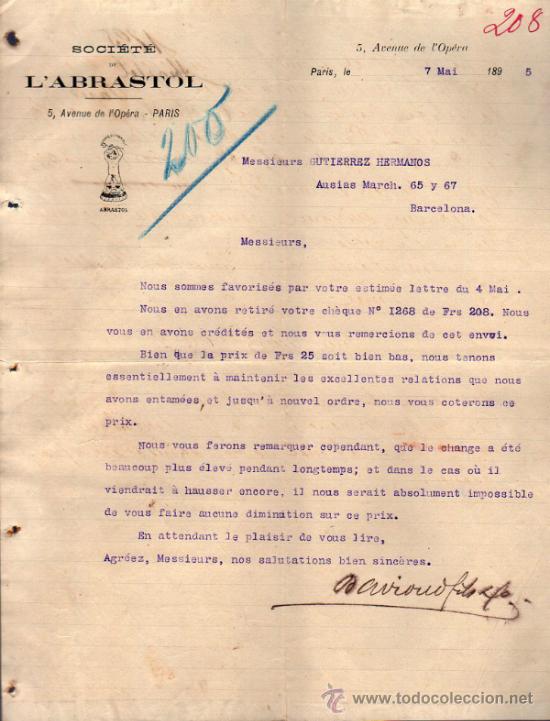 Cartas comerciales: CARTA CORMECIAL SOCI&Eacute;TE L'ABRASTOL.  PARIS 1895