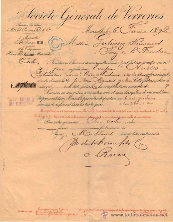 Commercial Letters: CARTA COMERCIAL DE SEB. ROZAN FILS & C&ordm;. SOCI&Eacute;T&Eacute; G&Eacute;N&Eacute;RALE DE VERRERIES. MARSEILLE 1892, FRANCE