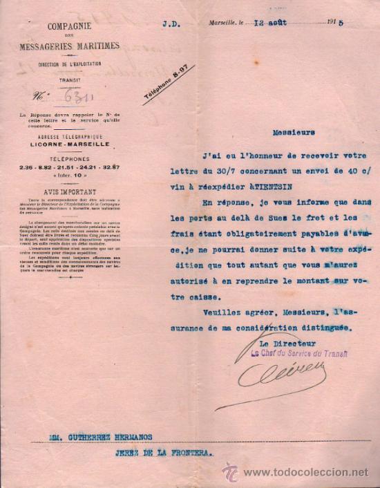 Commercial Letters: CARTA COMERCIAL COMPAGNIE DES MESSAGERIES MARITIMES, MARSEILLE 1915, FRANCE
