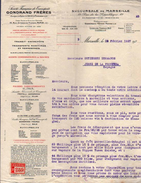 Commercial Letters: CARTA COMERCIAL GONDRAND FR&Egrave;RES, SOCI&Eacute;T&Eacute; FRAN&Ccedil;AISE DE TRANSPORTS. MARSEILLE 1927,  FRANCE