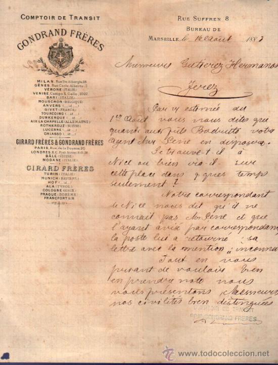 Commercial Letters: CARTA COMERCIAL GONDRAND FR&Egrave;RES, COMPTOIR DE TRANSIT. MARSEILLE 1883,  FRANCE
