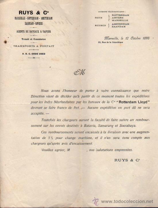 Commercial Letters: CARTA COMERCIAL DE RUYS & C&ordm;. AGENT DE BATEAUX A VAPEUR. TRANSIT ET COMMISSION. MARSEILLE 1898