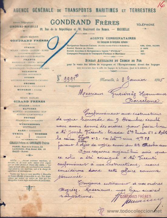 Commercial Letters: CARTA COMERCIAL DE GONDRAND FR&Egrave;RES, AGENCE DE TRANSPORT MARITIMES ET TERRESTRES. MARSEILLE 1895