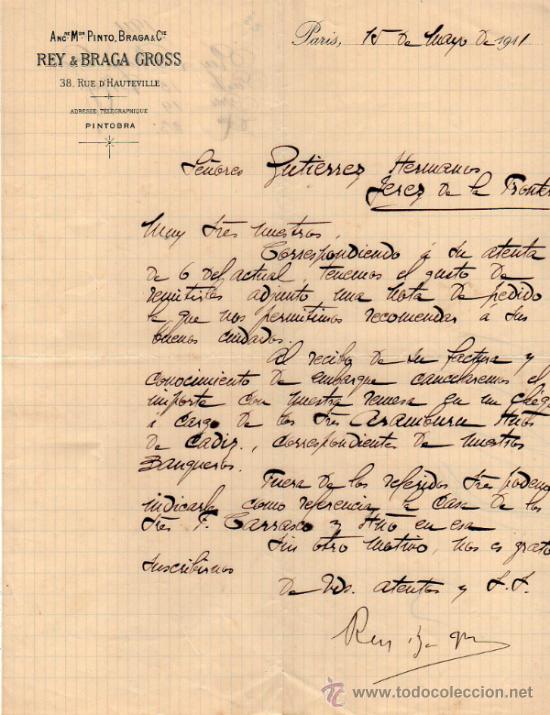 Commercial Letters: CARTA COMERCIAL REY & BRAGA GROSS. ANCIENNE MAISON PINTO. BRAGA & C&ordm;. PARIS 1911