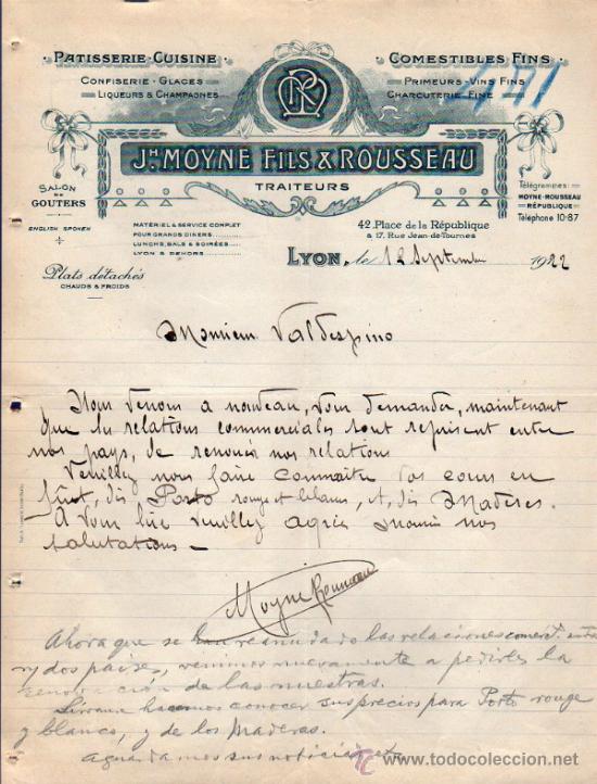 Commercial Letters: CARTA COMERCIAL  DE JH. MOYNE FILS & ROUSSEAU. PATISSERIE- CUISINE- COMESTIBLES FINS. LYON 1922,