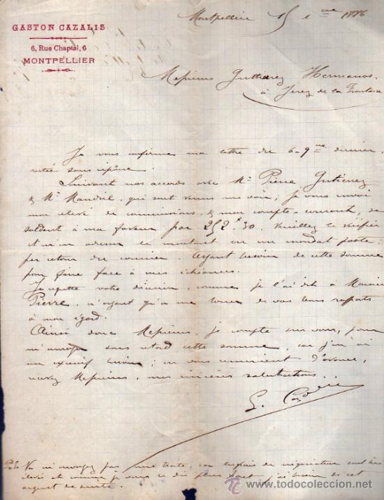 Commercial Letters: CARTA COMERCIAL  DE GASTON CAZALIS. MONTPELLIER 1886, FRANCE