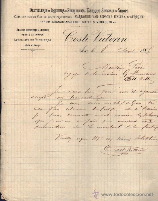 Cartas comerciales: CARTA COMERCIAL COSTE VICTORIN DISTILLERIE DE LIQUEURS & SPIRITEUX- FABRIQUE DE SIROPS.  FRANCE 1889