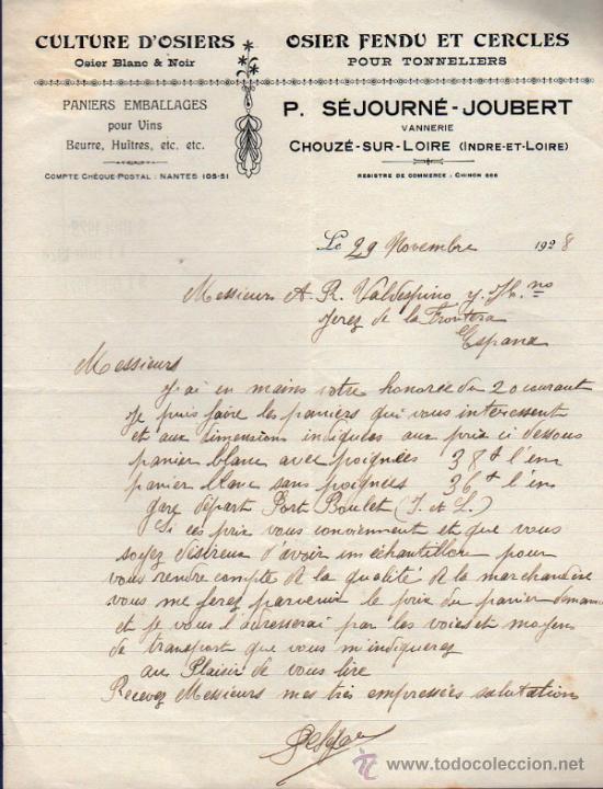 Cartas comerciales: CARTA COMERCIAL DE P. S&Eacute;JOURN&Eacute; - JOUBERT. VANNERIE- CULTURE D'OSIERS. NANTES 1928, FRANCE