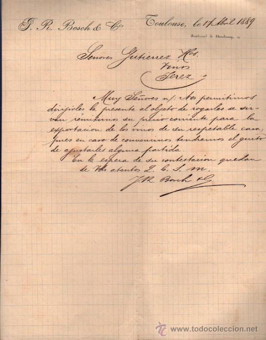 Cartas comerciales: CARTA COMERCIAL DE J. R. BOSCH & C&ordm;.  TOULOUSE 1889, FRANCE