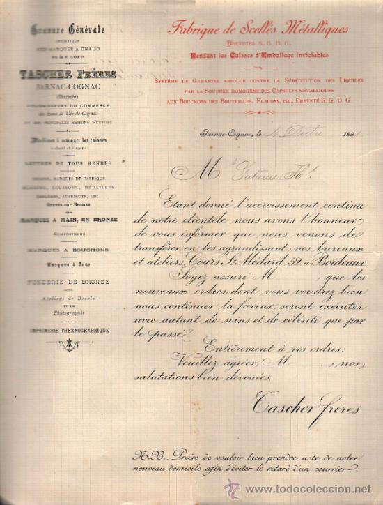 Cartas comerciales: CARTA COMERCIAL DE TASCHER FR&Egrave;RES. FABRIQUE DE SCELL&Eacute;S M&Eacute;TALLIQUES. BORDEAUX 1888, FRANCE