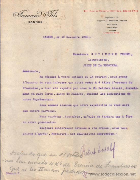 Cartas comerciales: CARTA COMERCIAL DE JEANCARD FILS. CANNE 1906,  FRANCE