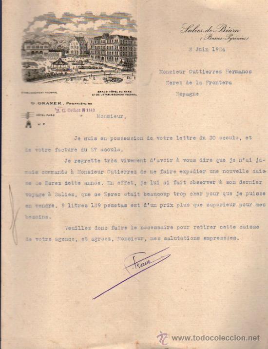 Cartas comerciales: CARTA COMERCIAL DE G. GRANER PROPRI&Eacute;TAIRE DE GD HOTEL DU PARC, SALIES DE B&Eacute;ARN 1924,  FRANCE