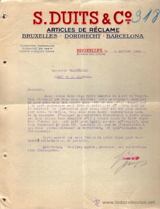 Cartas comerciales: CARTA COMERCIAL DE S. DUITS & C&ordm;. ARTICLES DE R&Eacute;CLAME. BRUXELLES 1923