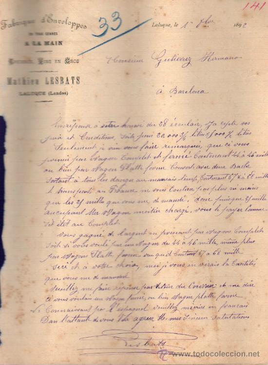 Cartas comerciales: CARTA COMERCIAL DE MATHIEU LESBATS. FABRIQUE D'ENVELOPPES. LALUQUE 1892, FRANCE