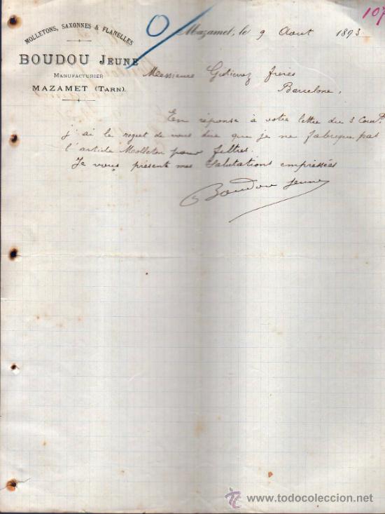 Cartas comerciales: CARTA COMERCIAL DE BOUDOU JEUNE. MANUFACTURIER.  MAZAMET 1893, FRANCE