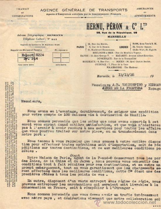 Cartas comerciales: CARTA COMERCIAL  DE HERNU, P&Eacute;RON & C&ordm;. LTD. AGENCE G&Eacute;N&Eacute;RALE DE TRANSPORT. MARSEILLE 1928, FRANCE