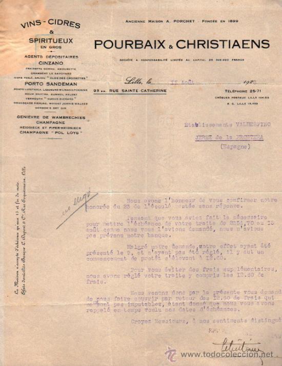 Cartas comerciales: CARTA COMERCIAL  DE POURBAIX & CHRISTIAENS. ST&Eacute; DE VENTE DE VINS - CIDRES & SPIRITUEUX. FRANCE 1928