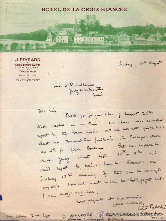 Commercial Letters: CARTA COMERCIAL  DE J. PEYRARD. HOTEL DE LA CROIX BLANCHE. MONTRICHARD.  FRANCE 1953