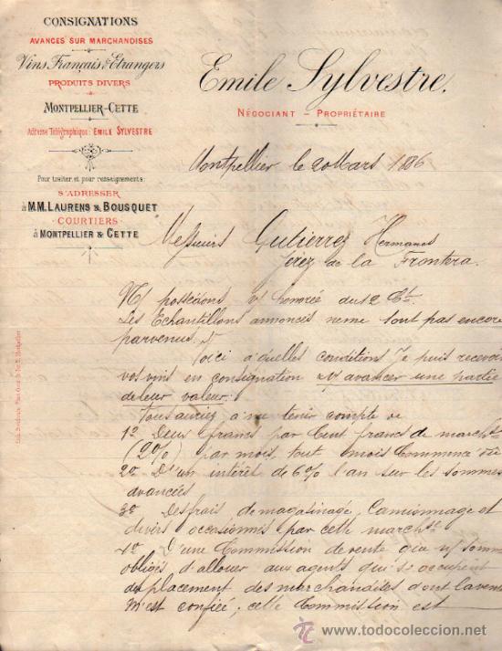 Commercial Letters: CARTA COMERCIAL EMILE SYLVESTRE CONSIGNATIONS VINS FRAN&Ccedil;AIS ET &Eacute;TRANGERS MONTPELLIER 1886, FRANCE