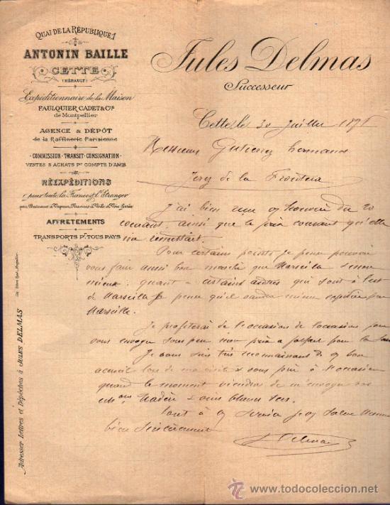 Commercial Letters: CARTA COMERCIAL DE JULES DELMAS. COMMISSION- TRANSIT- CONSIGNATION. CETTE 1895, FRANCE