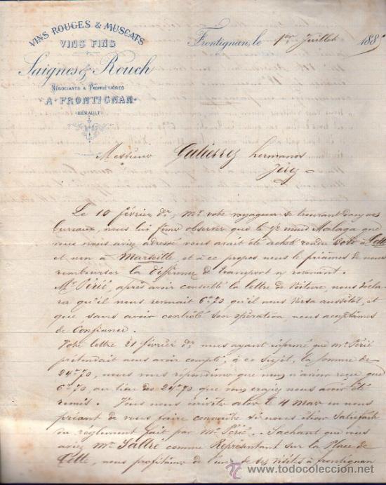 Commercial Letters: CARTA COMERCIAL DE  SAIGNES & ROUCH. ST&Eacute; DE VENTE VINS ROUGES ET MUSCATS. FRONTIGNAN 1885, FRANCE