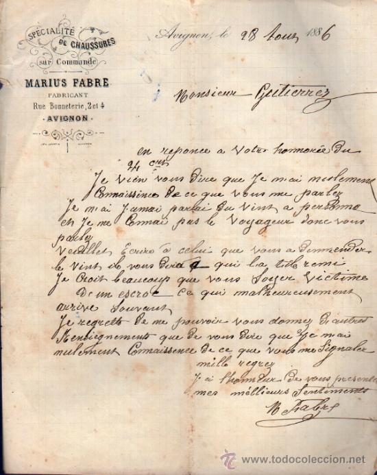 Commercial Letters: CARTA COMERCIAL DE MARIUS FABRE FABRICANT DE CHAUSSURES. AVIGNON 1886, FRANCE