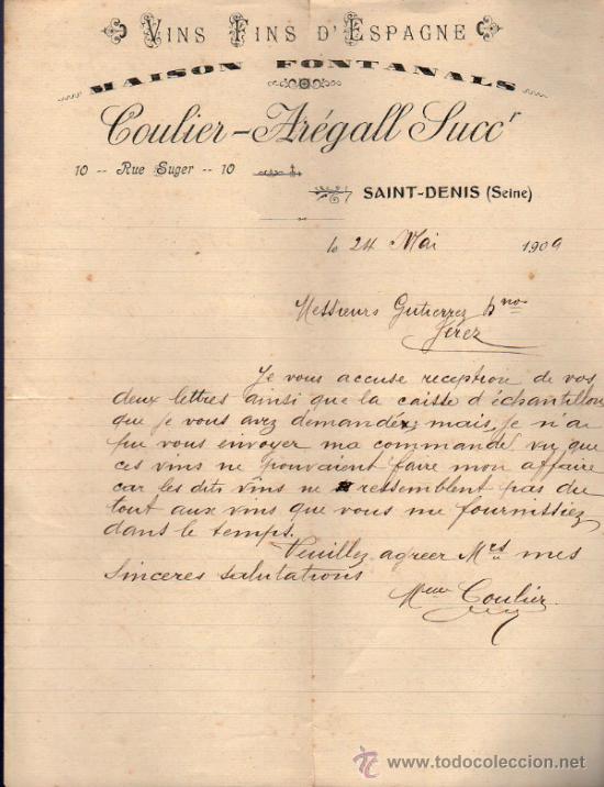 Commercial Letters: CARTA COMERCIAL DE  COULIER AR&Eacute;GALL SUCCESSEUR. SAINT DENIS 1909, FRANCE