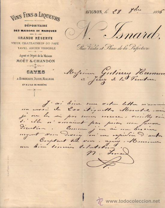 Commercial Letters: CARTA COMERCIAL DE N. ISNARD FABRIQUE DE VINS FINS ET LIQUEURS. AVIGNON 1896, FRANCE
