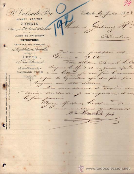 Commercial Letters: CARTA COMERCIAL DE BD. VAISSADE P&Egrave;RE. EXPERT - ARBITRE. SYNDIC. CETTE 1893, FRANCE