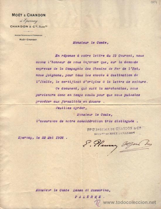 Commercial Letters: CARTA COMERCIAL DE MO&Euml;T & CHANDON. EPERNAY 1906,  FRANCE