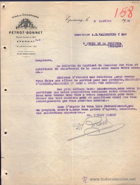 Commercial Letters: CARTA COMERCIAL DE P&Eacute;TROT - BONNET. FABRIQUE DE VINS DE CHAMPAGNE ET MOUSSEUX. EPERNAY 1920, FRANCE