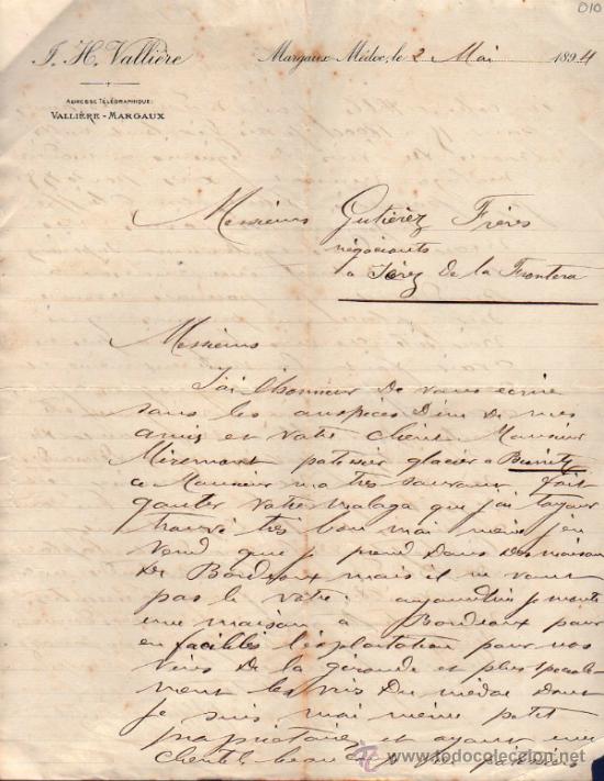 Commercial Letters: CARTA COMERCIAL DE J. H. VALLI&Egrave;RE. MARGAUX M&Eacute;DOC 1894, FRANCE