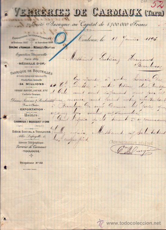 Commercial Letters: CARTA COMERCIAL VERRERIE DE CARMAUX (TARN). TOULOUSE 1895, FRANCE