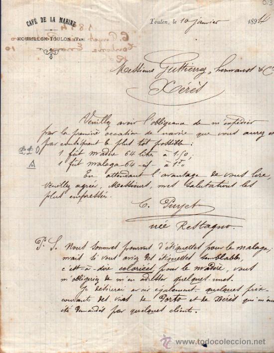 Commercial Letters: CARTA COMERCIAL CAF&Eacute; DE LA MARINE. TOULON 1894,  FRANCE