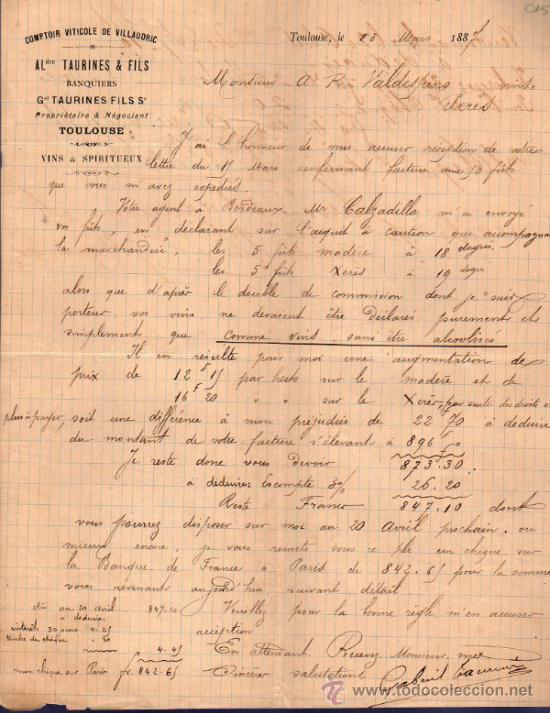 Commercial Letters: CARTA COMERCIAL ALDRE TAURINES & FILS. BANQUIERS. TOULOUSE 1887,  FRANCE