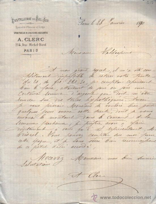 Commercial Letters: CARTA COMERCIAL  A. CLERC. DISTELLERIE DU BEL-AIR. PARIS 1890