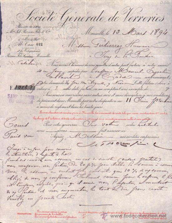 Lettere commerciali: CARTA COMERCIAL DE SEB ROZAN FILS & C&ordm;. SOCI&Eacute;T&Eacute; G&Eacute;N&Eacute;RALE DE VERRERIE. MARSEILLE 1894, FRANCE