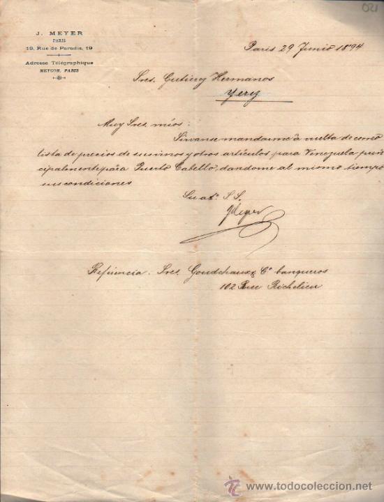 Lettere commerciali: CARTA COMERCIAL  DE J. MEYER. PARIS 1894